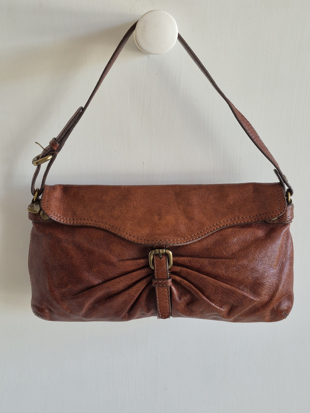 Kooba Olivia Chestnut Brown Glazed Leather Convertible Baguette/Clutch Purse